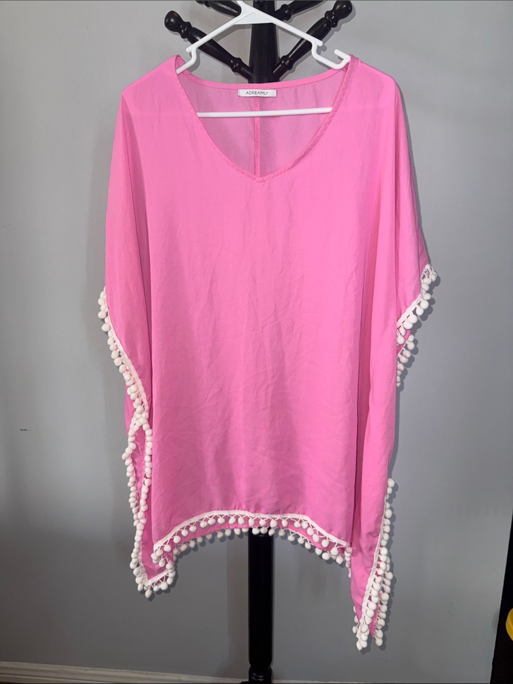 Adoremay Bright Pink Pom-Pom V-Neck Swim Cover-Up